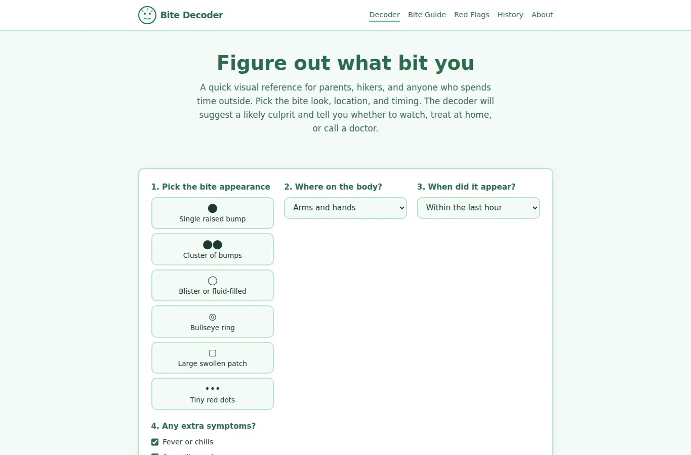 Screenshot of Bug Bite Reaction Decoder interface showing the project page in use